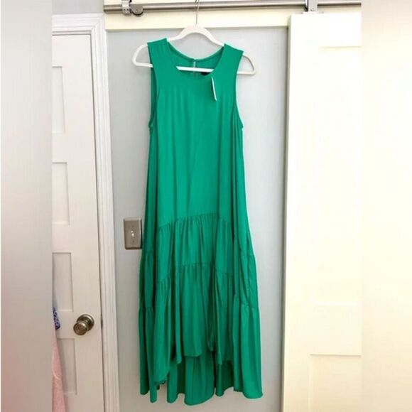 Kelly Green Anthropologie Maeve Tiered High-Low Sleeveless Midi Dress (NWT) - Picture 3 of 5